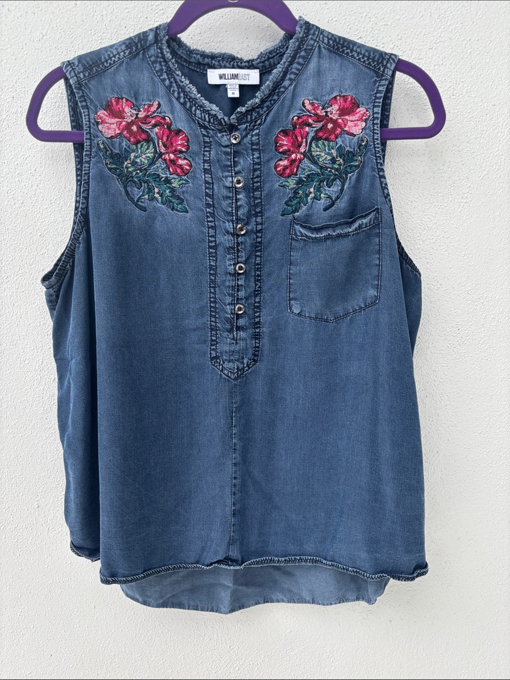 William Rast Blue Denim Sleeveless Top with Pink Floral Embroidery